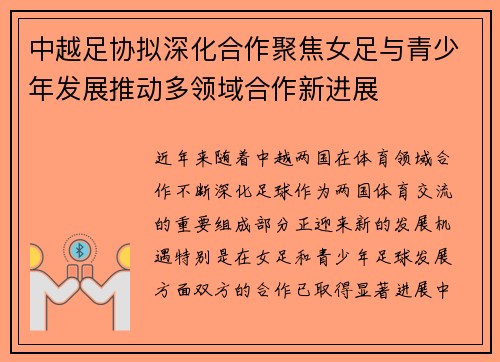 中越足协拟深化合作聚焦女足与青少年发展推动多领域合作新进展