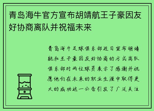 青岛海牛官方宣布胡靖航王子豪因友好协商离队并祝福未来
