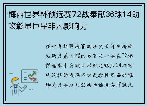 梅西世界杯预选赛72战奉献36球14助攻彰显巨星非凡影响力